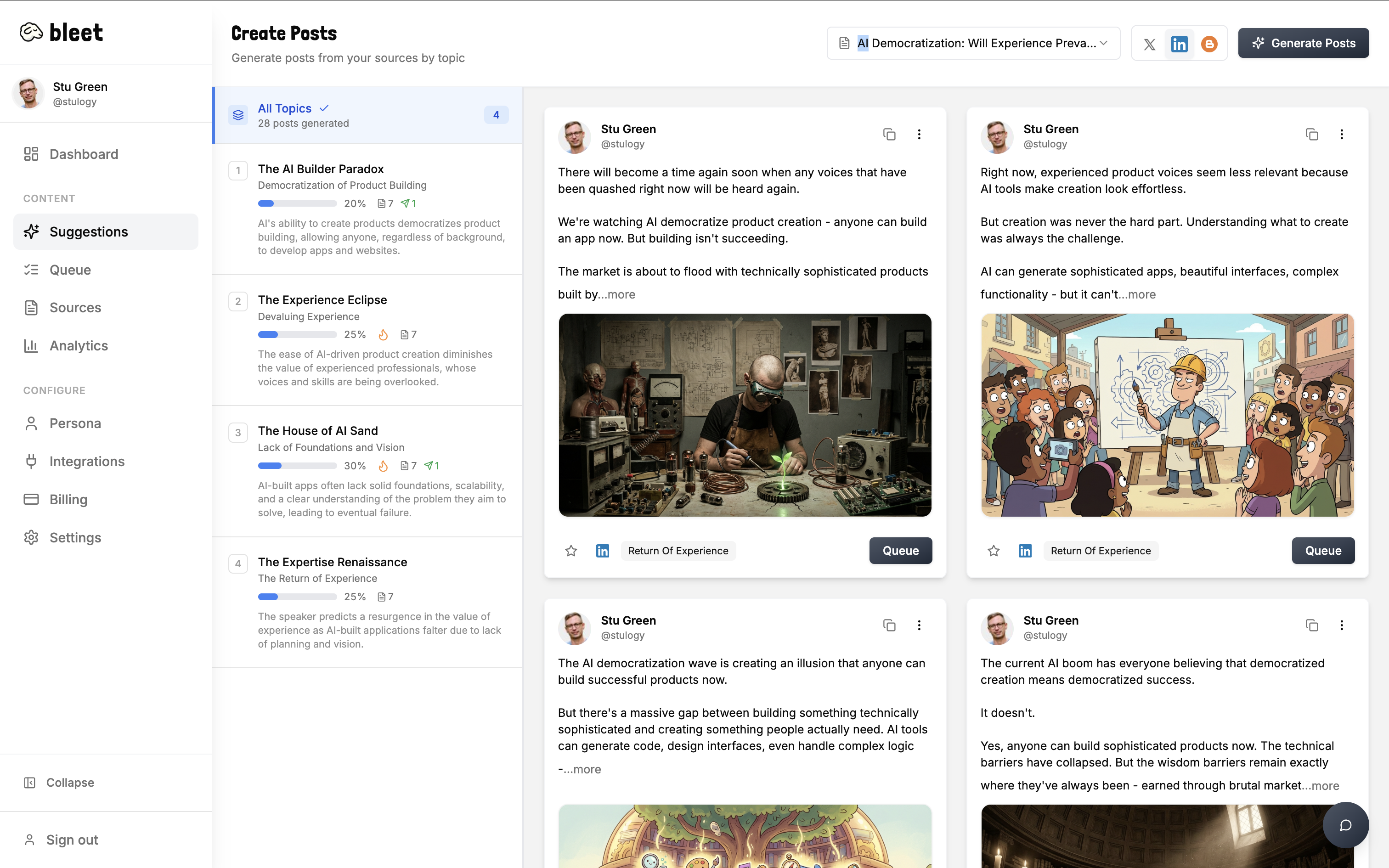 Bleet suggested posts showing voice-matched content